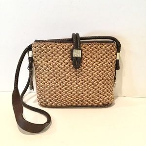 HP BRIGHTON WOVEN STRAW BAG W/BRAIDED LEATHER TRIM